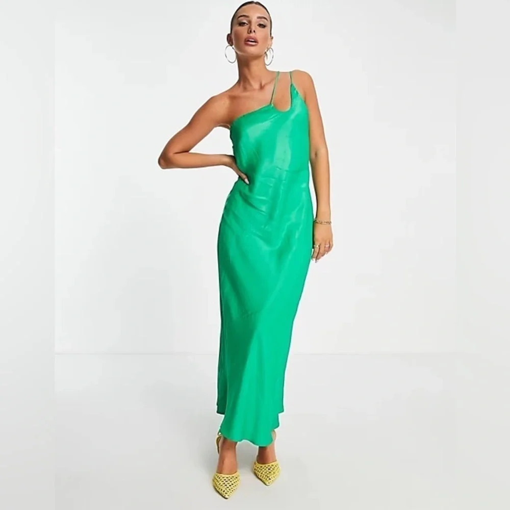 MANGO Asymmetrical Satin Effect One Shoulder Long Dress Green Size Large